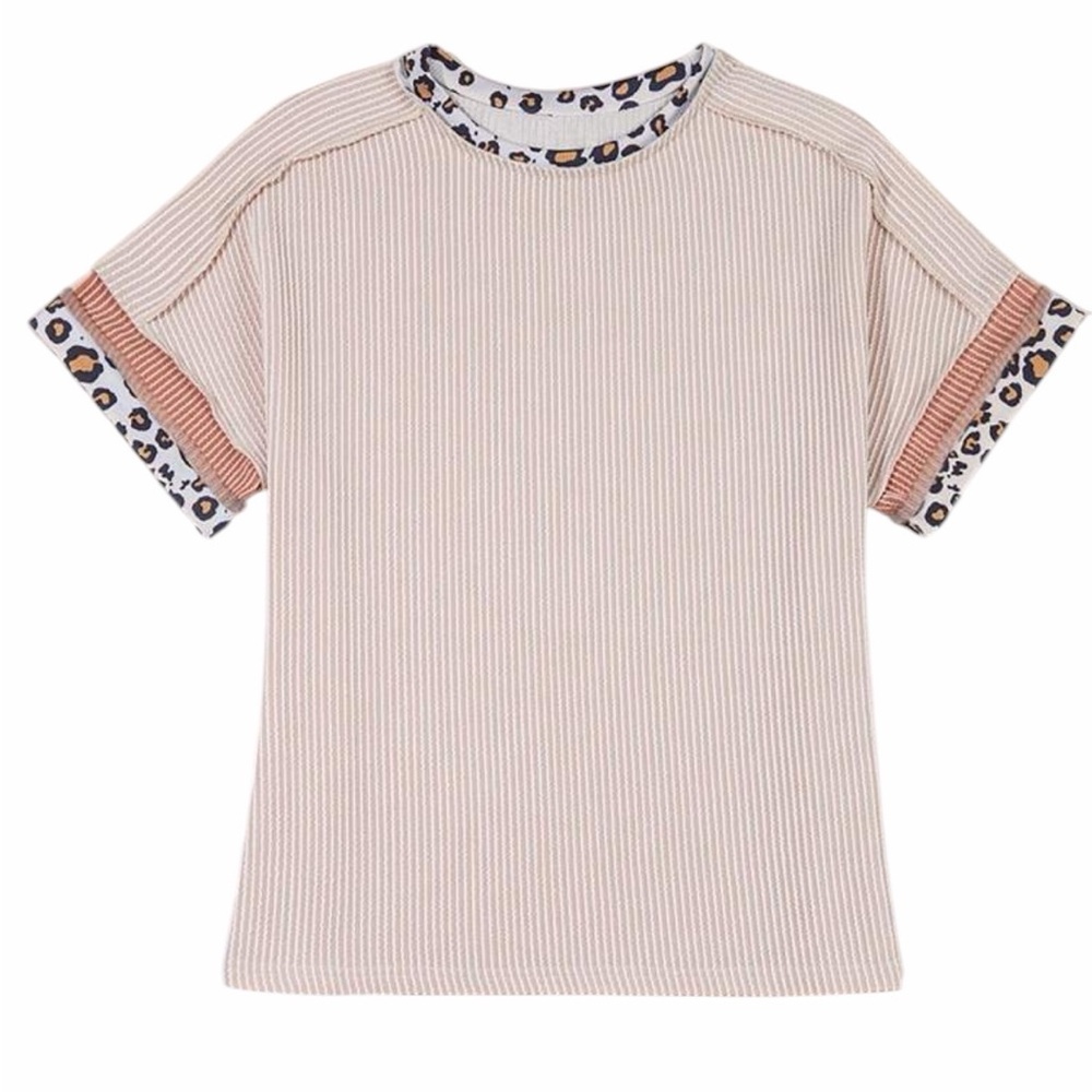 Leopard Trim Beige Cream Women's Top Boho Summer Short Sleeve Shirt